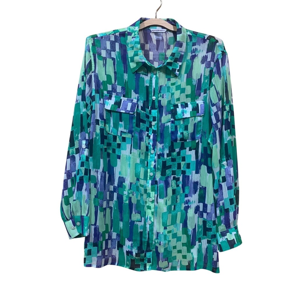 Allison Daley Sheer‎ Button Down Blouse Abstract Print L/S Smocked Back Size 16